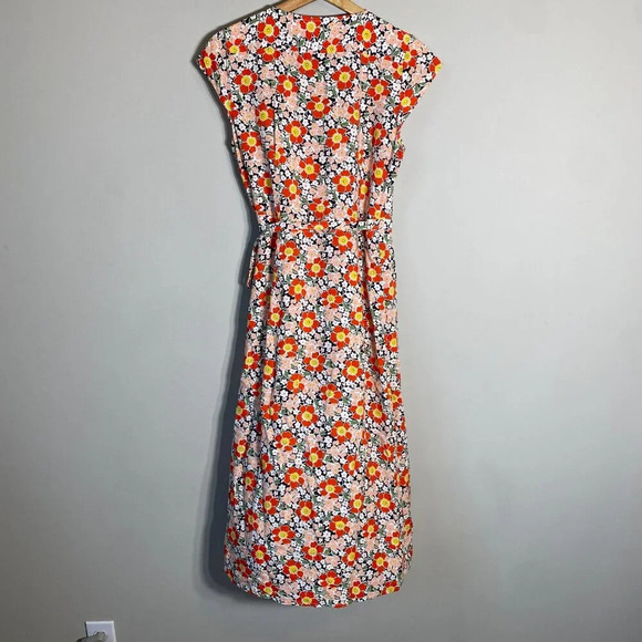 J.Crew Mercantile Short Sleeve Floral Midi Wrap Dress Women's XS Orange V-Neck - Picture 9 of 14